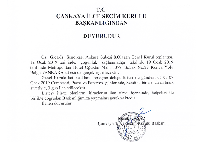 T.C. ANKAYA LE SEM KURULU BAKANLIINDAN DUYURUDUR