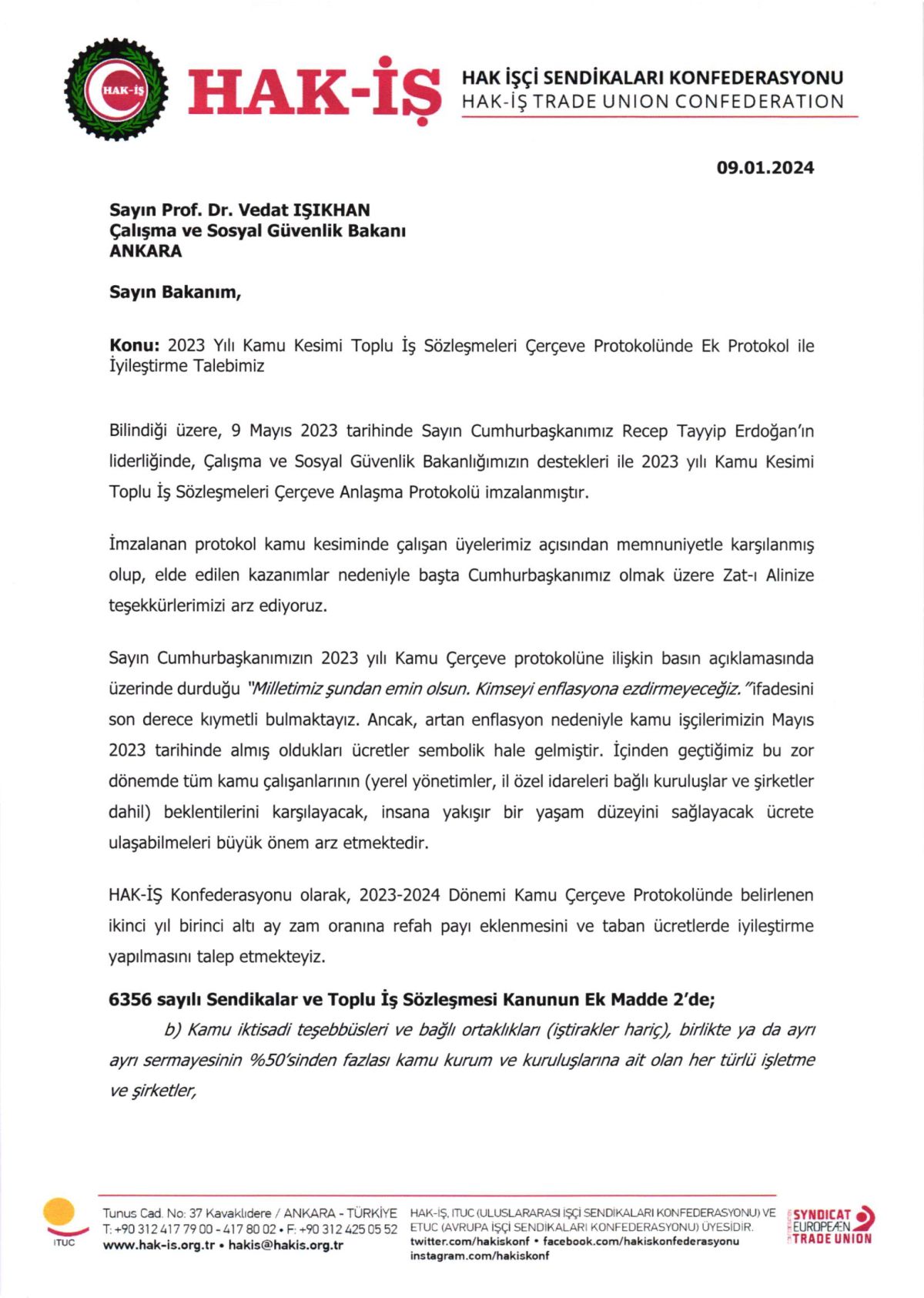 2023 Kamu Kesimi Toplu İş Sözleşmeleri Çerçeve Protokolünde Ek Protokol ile İyileştirme Talebimiz