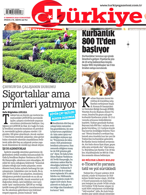 Hanerolu Trkiye Gazetesine Mevsimlik ilerle ilgili bir rportaj verdi